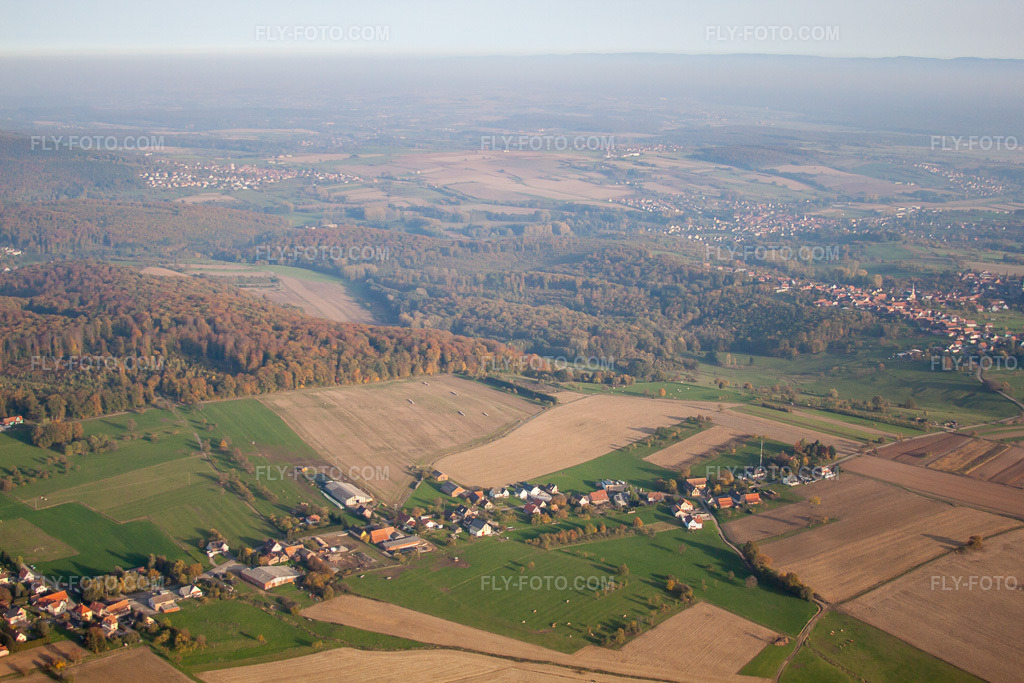 Aerial view: View of the town in Nehwiller-près-Wœrth in the state Bas-Rhin, France.Photo: IMG_54133.jpg taken on 10/21/2012 by Werner Riehm/FLY-FOTO.comResolution of the original: 4752 x 3168 px