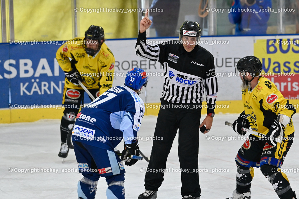 ESC Steindorf vs. EC Hornets Spittal 25.2.2024 | #57 Wilfan Franz ESC Steindorf, UNTERKÖFLER Norbert Referee, #33 Kabas Michael EC Hornets Spittal, ESC Steindorf vs. EC Hornets Spittal 25.2.2024, ESC Steindorf vs. EC Hornets Spittal 25.2.2024 am 25.02.2024 in Steindorf (Ossiachersee Halle), Austria, (Photo by Bernd Stefan)