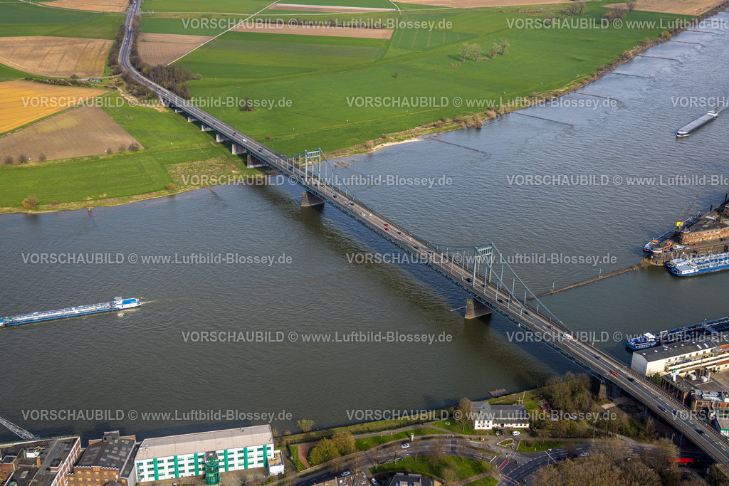 Duisburg230302772 | Luftbild, Rheinbrücke, Krefeld-Uerdinger-Brücke über den Fluss Rhein, Rheinaue, Binnenschifffahrt, Mündelheim, Duisburg, Ruhrgebiet, Nordrhein-Westfalen, Deutschland