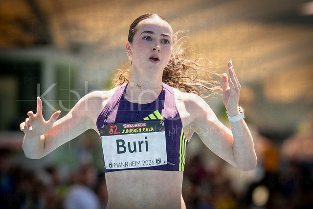 Juniorengala 2026; Mannheim, 13.06.2026 | MANNHEIM, GERMANY - JUNE 13, 2026 : Xenia Buri (SUI/Switzerland) reacts after crossing the finish line of the women’s U20 100m  competing during the Juniorengala 2026 at Michael-Hoffmann-Stadion on June 13, 2026 in Mannheim, Germany.