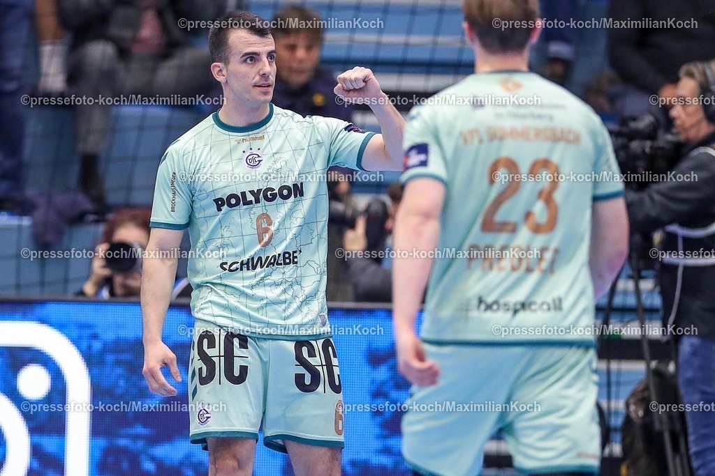 Gum25032501124 | 25.03.2025, Handball, European League - Play-Offs, VfL Gummersbach - MT Melsungen, Schwalbe-Arena: Milos Vujovic (GUM #6) jubelnd