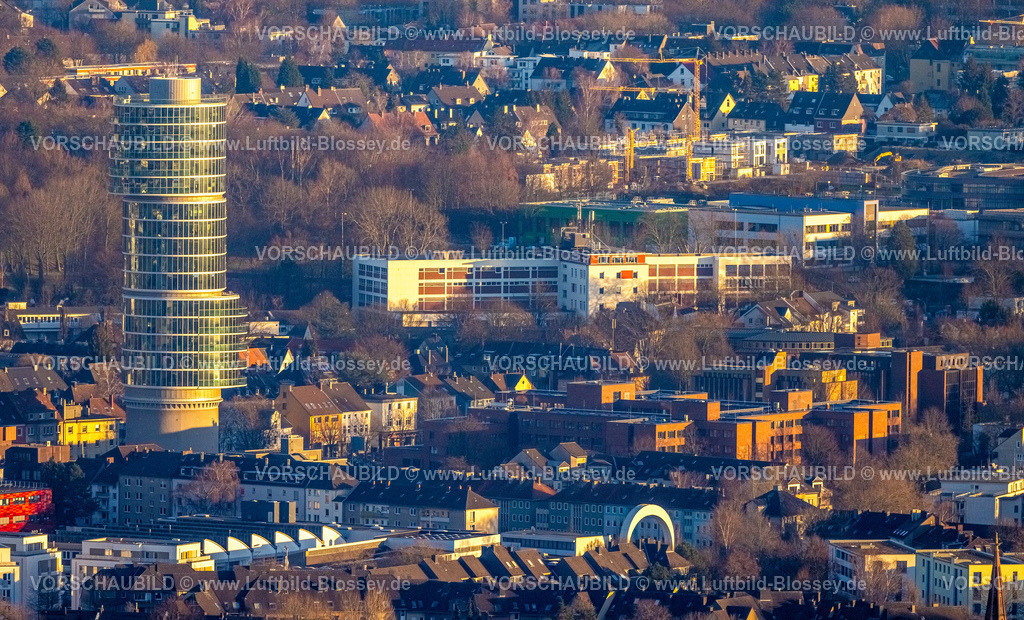 Bochum230202446 | Luftbild, Exzenterhaus Hochhaus, Agentur für Arbeit Bochum, im Hintergrund Internationaler Bund - IB West gGmbH Bochum, Autohaus Feix Opel mit Rundbogen im Vordergrund, Südinnenstadt, Bochum, Ruhrgebiet, Nordrhein-Westfalen, Deutschland