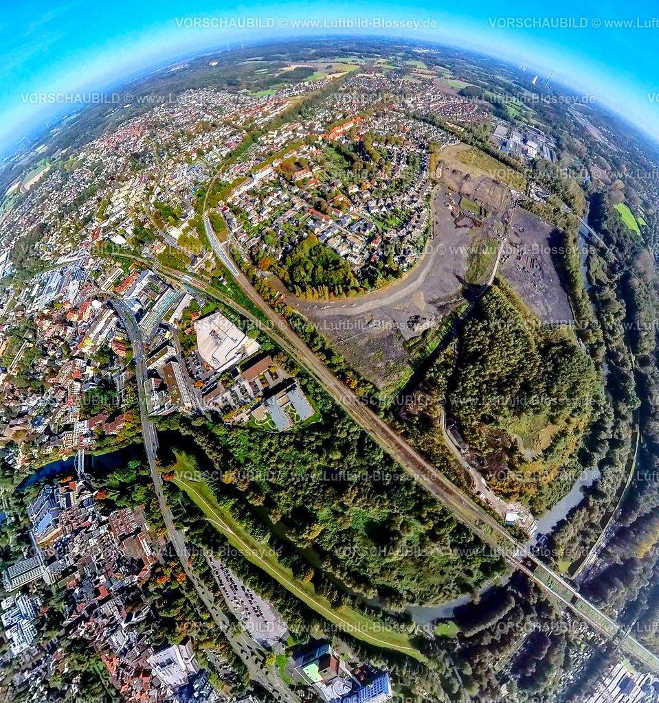 Luenen241190576BracheWestfalia | Luftbild, Brachfläche Landschaftspark Viktoria Westfaliastraße für geplante IGA 2027 und Zukunftsgarten, Gelände Alte Viktoria Zeche am Fluss Lippe, Hbf Bahnhof Lünen mit zwei Bahnsteigen, Erdkugel, Fisheye Aufnahme, Fischaugen Aufnahme, 360 Grad Aufnahme, tiny world, little planet, fisheye Bild, , Lünen, Ruhrgebiet, Nordrhein-Westfalen, Deutschland