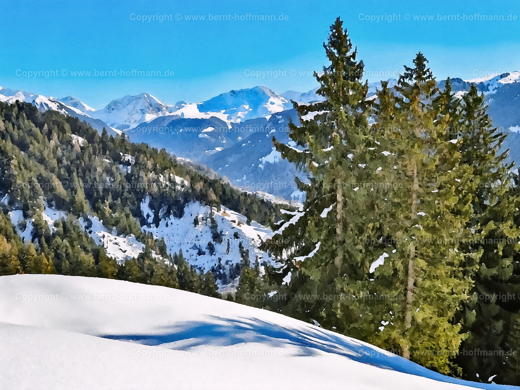 PAD2_RH_Schanfigg-Ausblick_100x75 | DIGITALKUNST. Blick über das Schanfigg – Richtung Arosa. __ Winterlandschaft im sonnenverwöhnten Schanfigg.  __ Das Basisfoto für dieses malerisch verwandelte Werk hat der Schweizer Hobbyfotograf Rene Hinder gemacht und es Bernt Hoffmann für dessen Kunstpart zur Verfügung gestellt. - Realisiert mit Pictrs.com