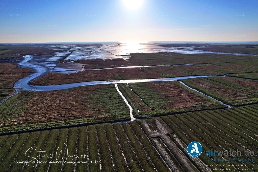 Luftbilder Tümlauer Koog  | Die Meeresenge bietet eine einzigartige Gelegenheit, die Flora und Fauna des Wattenmeeres bei einer Wattwanderung hautnah zu erleben. Die Lage zwischen dem Westerhever Leuchtturm und den Stränden von St. Peter-Ording macht den Tümlauer Koog zu einem beliebten Ausgangspunkt für Ausflüge in die Natur.