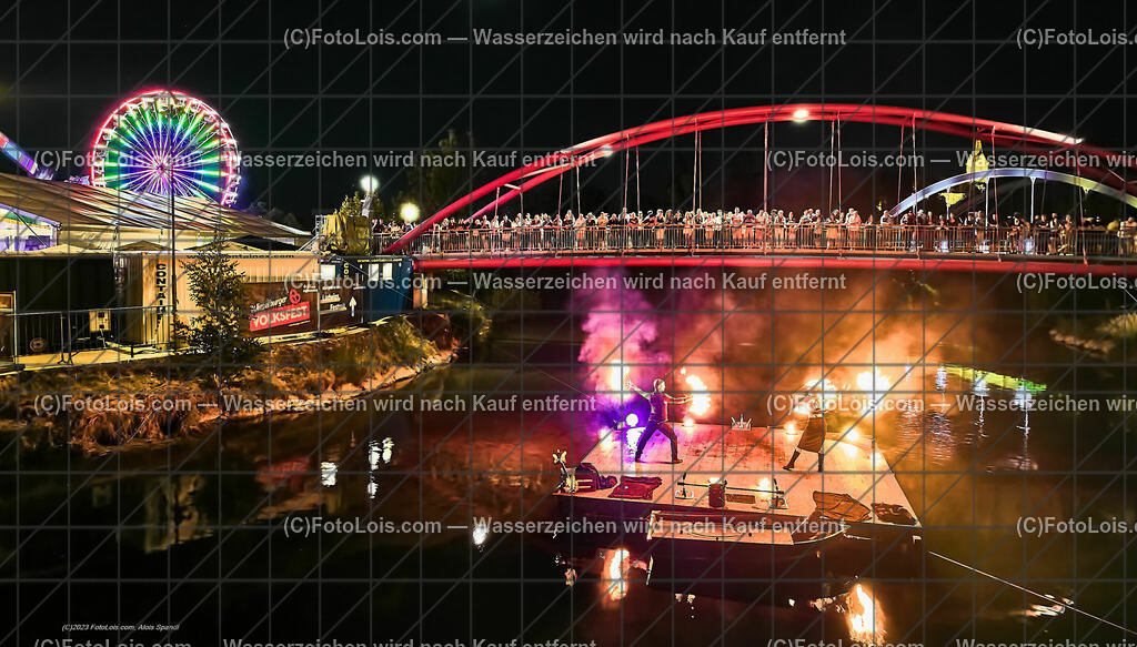 0494_Luftbild_VOLKSFEST-Wlbg_InselFeuer-Show | (C)FotoLois.com, Alois Spandl, Luftbild, Wieselburger VOLKSFEST neu, Feuershow auf der Erlaufinsel unter den Brücken, Do 29. Juni 2023.