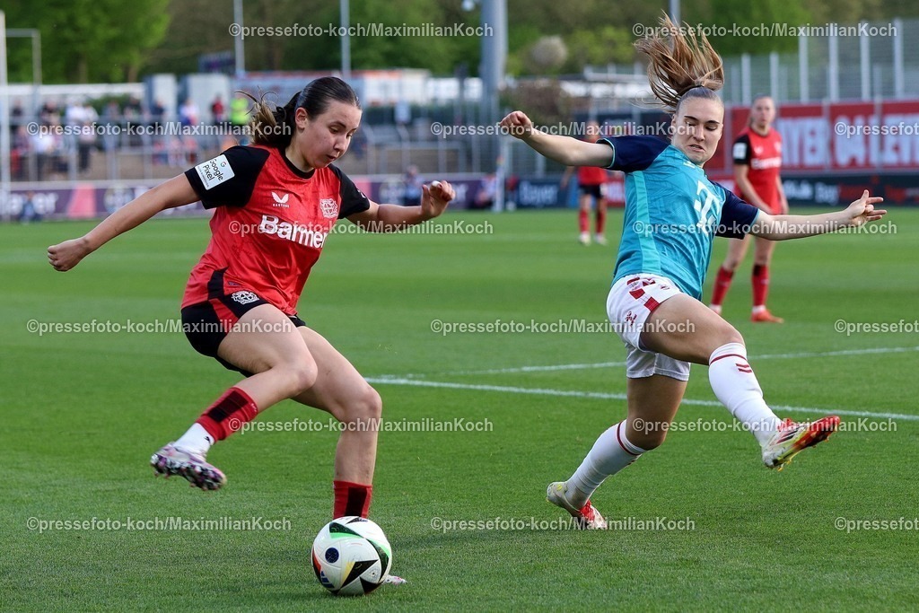 xssc14042501019 | 14.04.2025, xsscx, Frauen Fußball, Bayer 04 Leverkusen - 1. FC Köln, 1. Fußball Bundesliga, Ulrich-Haberland-Stadion, Saison 2024 2025: Loreen Bender (Bayer 04 Leverkusen 19) im Zweikampf gegen Alena Bienz (1. FC Köln 11) DFB regulations prohibit any use of photographs as image sequences and or quasi-video.
