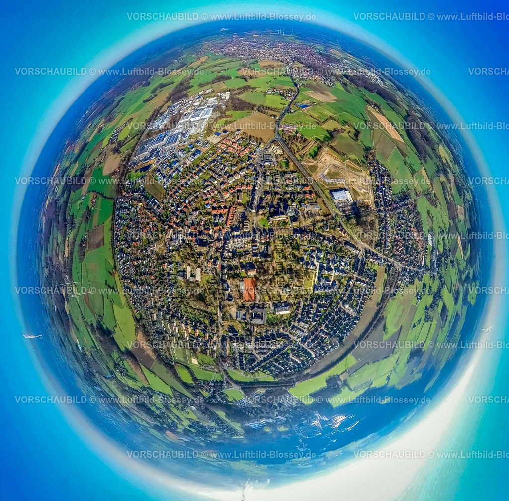 Selm230290015_Bork_Mitte-2 | Luftbild, Ortsansicht Bork Mitte, Erdkugel, Fisheye Aufnahme, Fischaugen Aufnahme, 360 Grad Aufnahme, Bork, Selm, Münsterland, Nordrhein-Westfalen, Deutschland