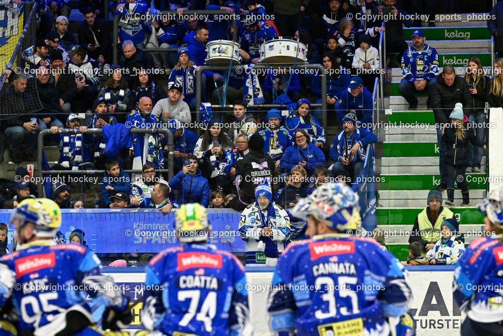 EC IDM Wärmepumpen VSV vs. Pioneers Vorarlberg | EC VSV Fans mit Mannschaft, Blauweiss Villach, Blue Devils Villach, EC IDM Wärmepumpen VSV vs. Pioneers Vorarlberg, EC IDM Wärmepumpen VSV vs. Pioneers Vorarlberg am 14.12.2024 in Villach (Stadthalle Villach), Austria, (Photo by Bernd Stefan)