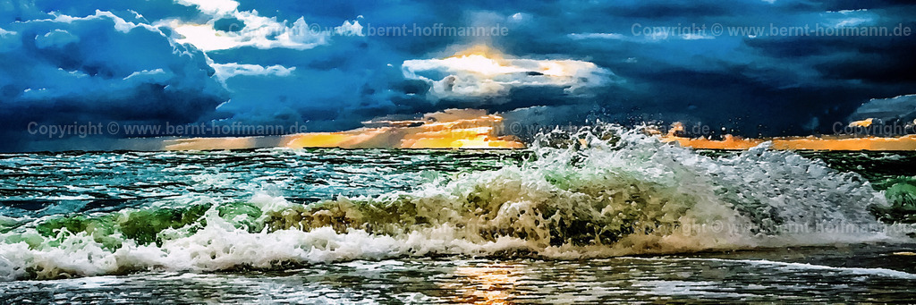 PAD2_KaKo-Welle-SUG_180x60 | DIGITALKUNST. Brandung im Abendlicht. __ Nordsee- Welle kurz vor Sonnenuntergang __ Das Basisfoto für dieses malerisch verwandelte Werk hat der Sylter Hobbyfotograf Karsten Kossowski beim Surfen gemacht und es Bernt Hoffmann für dessen Kunstpart zur Verfügung gestellt. - Realisiert mit Pictrs.com