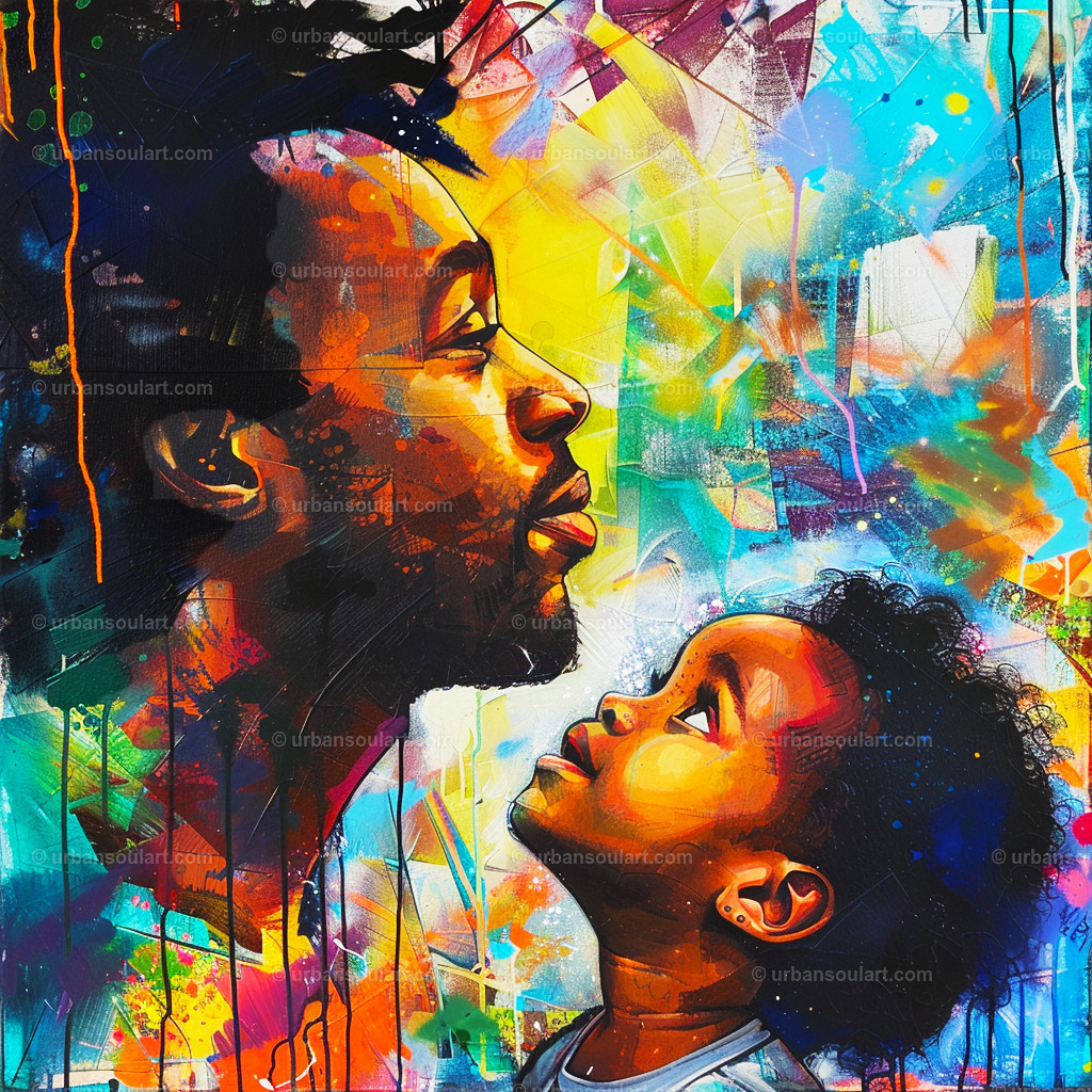 Child Looking Up In His Dads Eyes | This heartfelt artwork captures a child looking up to his father with a sense of wonder and trust. Ideal for creating a warm and family-centered ambiance. - Realisiert mit Pictrs.com