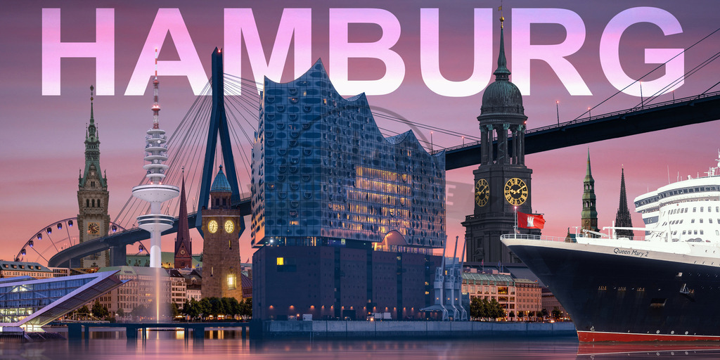 Hamburg Collage 17.0a color | Panorama-Collage von Hamburg in lebendigen Farben, die ikonische Sehenswürdigkeiten wie die Elbphilharmonie, den Hamburger Hafen und die historische Speicherstadt zeigt. Ideal für Fans der Hansestadt und als dekoratives Highlight in Wohnzimmern oder Büros. Das Bild vermittelt die einzigartige Atmosphäre und den Charme der norddeutschen Metropole. - Realisiert mit Pictrs.com