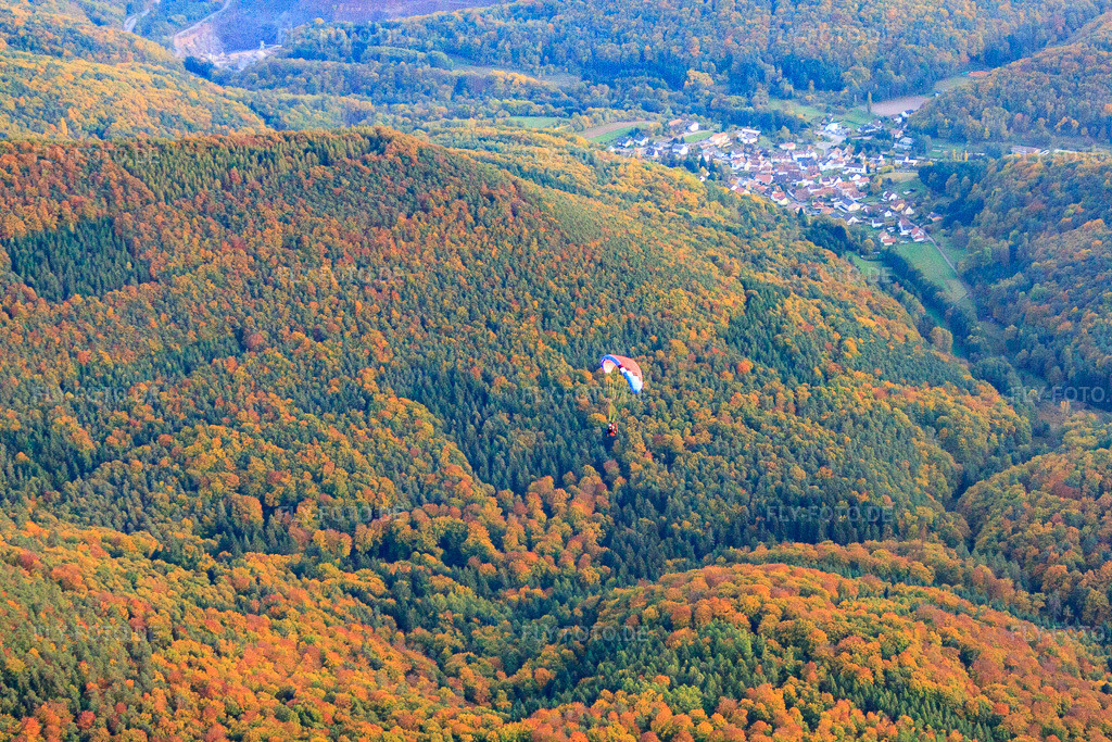 Luftbild: Herbst im Pfälzerwald mit Gleitschirm in Waldhambach im Bundesland Rheinland-Pfalz in Deutschland. Foto: IMG_54012.jpg vom 20.10.2012 durch Werner Riehm/FLY-FOTO.de