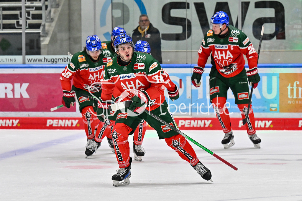 Augsburger Panther - Kölner Haie | Jubel der Hausherren nach dem Ausgleich zum 6-6 durch D. J. BUSDEKER (Augsburger Panther #14) / Freude / Happy / Tor / Torschuetze / DEL: Augsburger Panther - Kölner Haie, Curt Frenzel Stadion am 29.09.2024