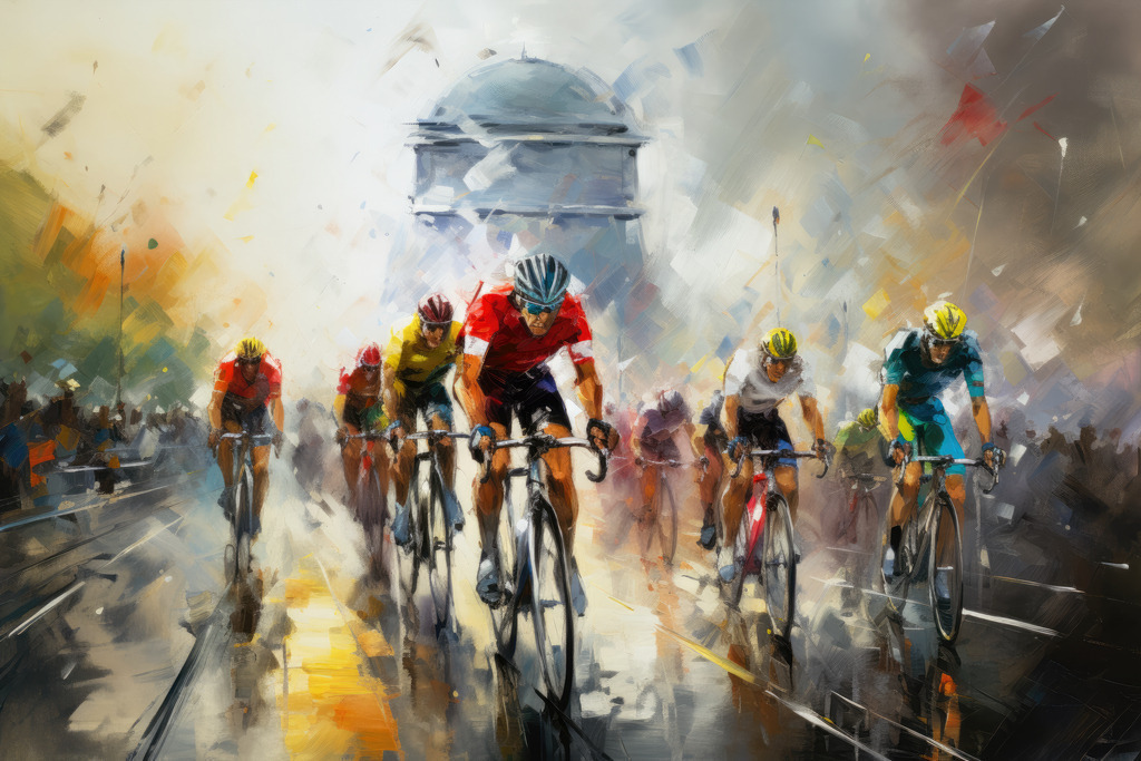 2307123 - Tour de France | Bestellen Sie dieses Tour de France-Motiv als Kunstdruck auf Leinwand, Acrylglas, Alu-Dibond, Akustikbild oder als Poster. Unsere digitalen Gemälde wirken mit täuschend echten Pinselstrichen wie von Hand gemalt.