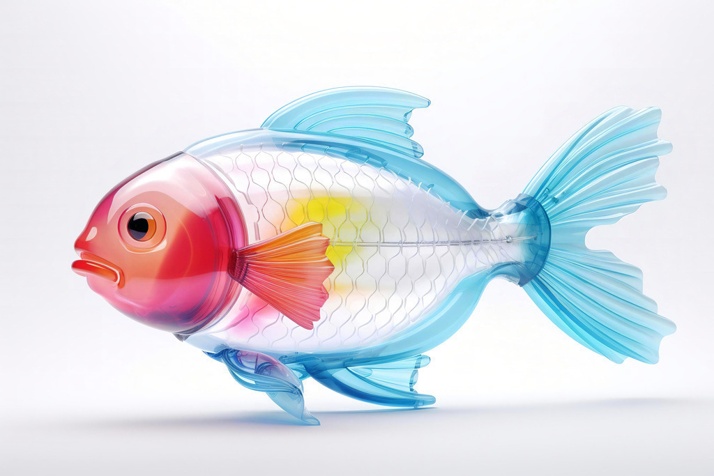 2401056 - Plastik Fisch | Moderne Wandbilder auf Leinwand, Acylglas, Alu-Dibond oder als Poster. Tauchen Sie ein in die Welt KI-generierter Kunstwerke - entdecken Sie hochwertige Kunstdrucke unserer Gemälde, Illustrationen und fotorealistischen Motive.