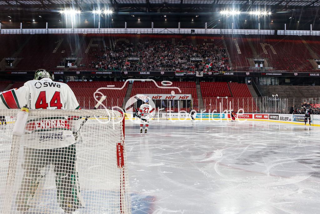 Kölner Haie - Augsburger Panther | Dennis ENDRAS (AEV #44) im Tor der Panther / im Hintergrund die mitgereisten Fans aus Augsburg