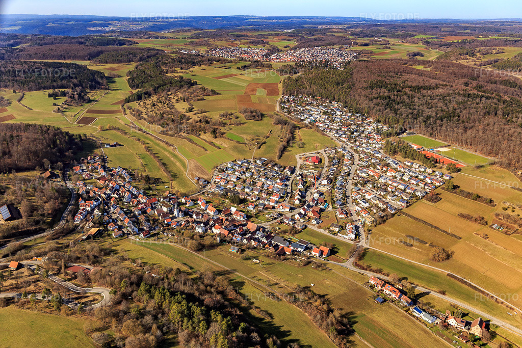 Luftbild: Ortsansicht von Südosten im Ortsteil Dachtel in Aidlingen im Bundesland Baden-Württemberg in Deutschland. Foto: IMG_124830.jpg vom 20.02.2021 durch Werner Riehm/FLY-FOTO.de