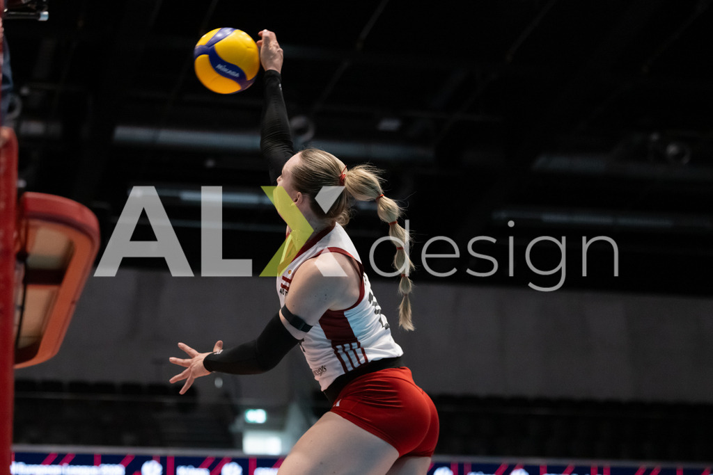 Austria v Switzerland - CEV European League Women | KRIENS, SWITZERLAND - JUNE 14: KORA MARINA SCHABERL of Austria attack / spike during the CEV European League match between Austria and Switzerland at Pilatus Arena on June 14, 2026 in Kriens, Switzerland. - Realisiert mit Pictrs.com