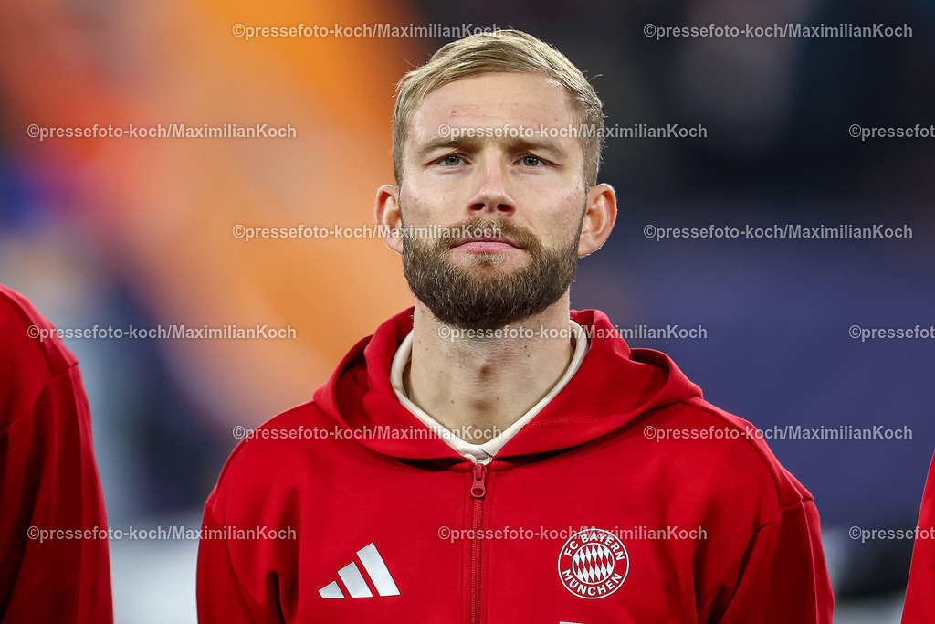 UCL10122402153 | 10.12.2024, Fußball, UEFA Champions League, Schachtar Donezk - FC Bayern München, Arena AufSchalke Gelsenkirchen, 8. Spieltag Saison 2024 2025: Konrad Laimer (Bayern #27)DFB regulations prohibit any use of photographs as image sequences and or quasi-video.