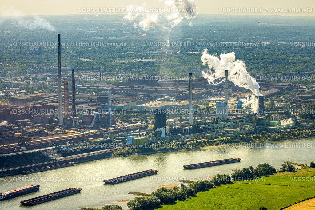 Duisburg230706647 | Luftbild, thyssenkrupp Steel Europe - Werksgelände, Rauchwolke,  Container Schifffahrt auf dem Rhein, Schwelgern, Marxloh, Duisburg, Ruhrgebiet, Nordrhein-Westfalen, Deutschland