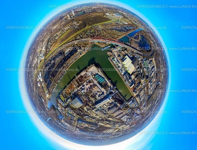 Essen240190197StadthafenEssen-2 | Luftbild, Stadthafen Essen und gesperrte Rhein-Herne-Kanalbrücke mit rotem Geländer, Autobahn A42 Emscherschnellweg, Infrastruktur, Doppelbogenbrücke an der Stadtgrenze Bottrop, Sturmhof Kohlehafen, Erdkugel, Fisheye Aufnahme, Fischaugen Aufnahme, 360 Grad Aufnahme, tiny world, little planet, fisheye Bild, Bergeborbeck, Essen, Ruhrgebiet, Nordrhein-Westfalen, Deutschland