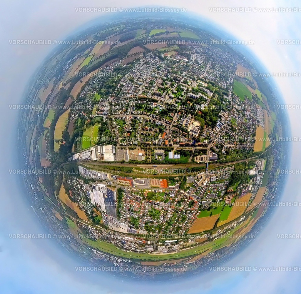 Holzwickede230990102 Mitte | Luftbild, Stadtansicht, Bahnhof und Bahnsteig, Erdkugel, Fisheye Aufnahme, Fischaugen Aufnahme, 360 Grad Aufnahme, tiny world, Holzwickede, Ruhrgebiet, Nordrhein-Westfalen, Deutschland
