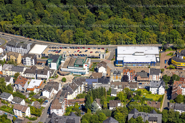 Ennepetal230801341 | Luftbild, Berlet Einkaufsmarkt, Sparkasse, Milspe, Ennepetal, Ruhrgebiet, Nordrhein-Westfalen, Deutschland