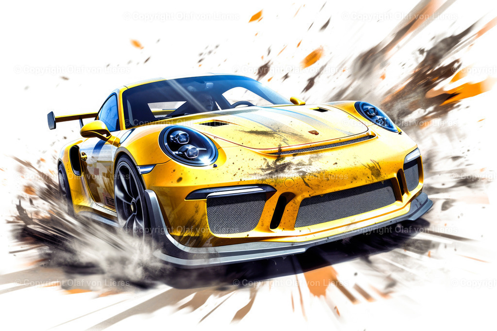 Porsche Wandbild künstlerisch | gelber Porsche GT3 RS gezeichnet