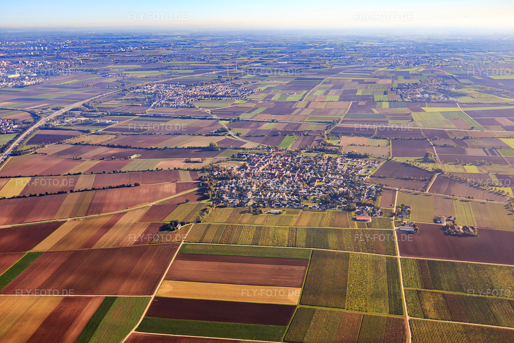 Luftbild: Ortsansicht von Norden in Heuchelheim bei Frankenthal im Bundesland Rheinland-Pfalz in Deutschland. Foto: IMG_074844.jpg vom 18.10.2014 durch Werner Riehm/FLY-FOTO.deAuflösung des Originals: 5472 x 3648 px