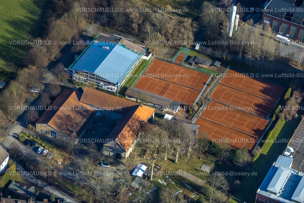 Witten240102767 | Luftbild, Tennisanlage Tennisplätze SUA Sport-Union Annen am Kälberweg, Judoka Judohalle Dachrenovierung, Rüdinghausen, Witten, Ruhrgebiet, Nordrhein-Westfalen, Deutschland