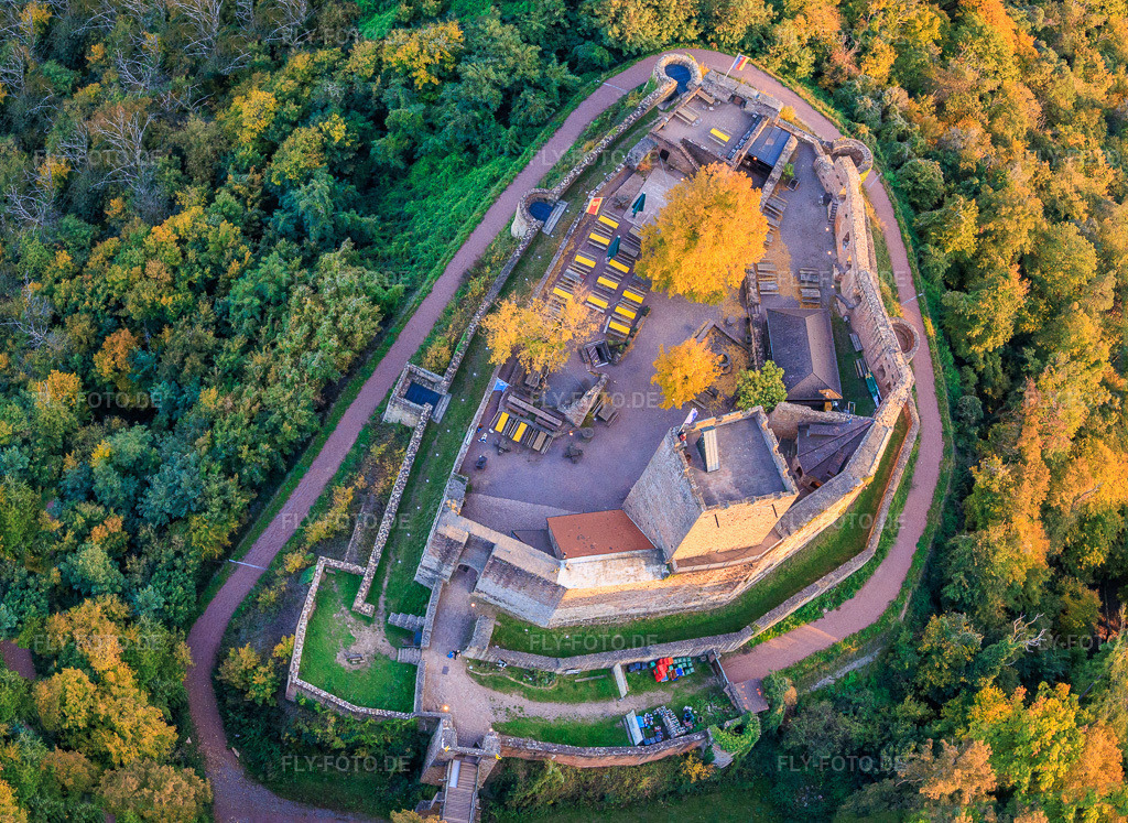 Luftbild: Burg Landeck im Herbst am Abend in Klingenmünster im Bundesland Rheinland-Pfalz in Deutschland. Foto: IMG_150370-Pano.jpg vom 15.10.2025 durch Werner Riehm/FLY-FOTO.deAuflösung des Originals: 5823 x 4249 pxKlingenmuenster | Burglandeck Klingenmünster