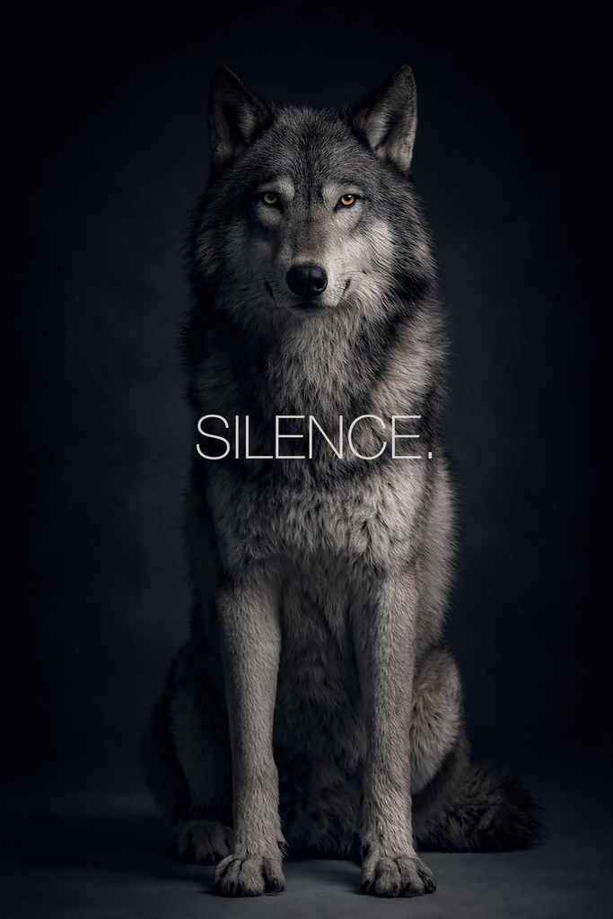 Poster: WILD WITHIN – SILENCE. | Grauer Wolf sitzt frontal vor sehr dunklem Studiohintergrund und wirkt still, ruhig und zurückgenommen. Typografisches Poster aus der Kollektion WILD WITHIN mit dem Wort „SILENCE.“ - Realisiert mit Pictrs.com