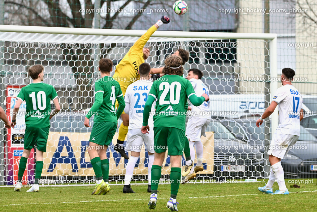 SAK vs. VST Völkermarkt | #10 Mario Michael Kuester VST Völkermarkt, #4 Marius Leo Maierhofer VST Völkermarkt, #20 Lukas Alfred Sadnik VST Völkermarkt, #23 Zan Kumer SAK, #99 Arian Rener SAK, #17 Timo Todor-Kostic SAK, SAK vs. VST Völkermarkt, SAK vs. VST Völkermarkt am 21.03.2026 in Klagenfurt (Sportpark Welzenegg), Austria, (Photo by Bernd Stefan)
