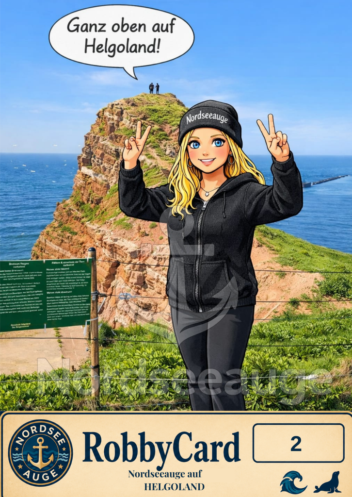 RobbyCard 02: Nordseeauge auf Hegoland | RobbyCard 02: Nordseeauge auf Helgoland Es gibt einen Ort, an dem sich die unbändige Kraft der Nordsee und das pure Gefühl von Zuhause treffen: Helgoland. Weit draußen auf dem roten Felsen schlägt das Herz unserer Küstenwelt auf eine ganz besondere Weise. Genau diesem magischen Gefühl widmet sich die zweite Karte dieser Serie: Die Karte Nr. 02 – Nordseeauge auf Helgoland!Denn Helgoland ist so viel mehr als nur Hummerbuden, zollfreies Shoppen und die Lange Anna. Es ist ein Sehnsuchtsort, der tief berührt. Am Ende ist dieser rote Felsen im weiten Meer genau das: ein echtes Stück Heimat – für Robby und auch für Nordseeauge.Diese RobbyCard bringt dir das echte, ungefilterte Küstengefühl direkt nach Hause. Perfekt für Sammler, Nordsee-Liebhaber und alle, die Sehnsucht nach dem Meer haben.Was ist die RobbyCard?Die RobbyCard ist weit mehr als eine gewöhnliche Postkarte – sie ist dein persönliches Stück Nordsee zum Sammeln:Vorderseite: Ein einzigartiges, liebevoll gestaltetes Comic-Kunstwerk, das die emotionale Verbindung zur Küste perfekt einfängt. Rückseite: Kein Standard-Text! Hier erwartet dich eine ganz persönliche Erlebnis-Story von mir. Ich nehme dich exklusiv mit hinter die Kulissen dieses Moments und erzähle dir die wahre Geschichte zu dem Bild. Tu Gutes für die Küste: Mindestens 1,00 € oder10% von jeder verkauften Karte fließt direkt in ehrenamtliche Seehund-Projekte rund um die Nordsee. ⚓