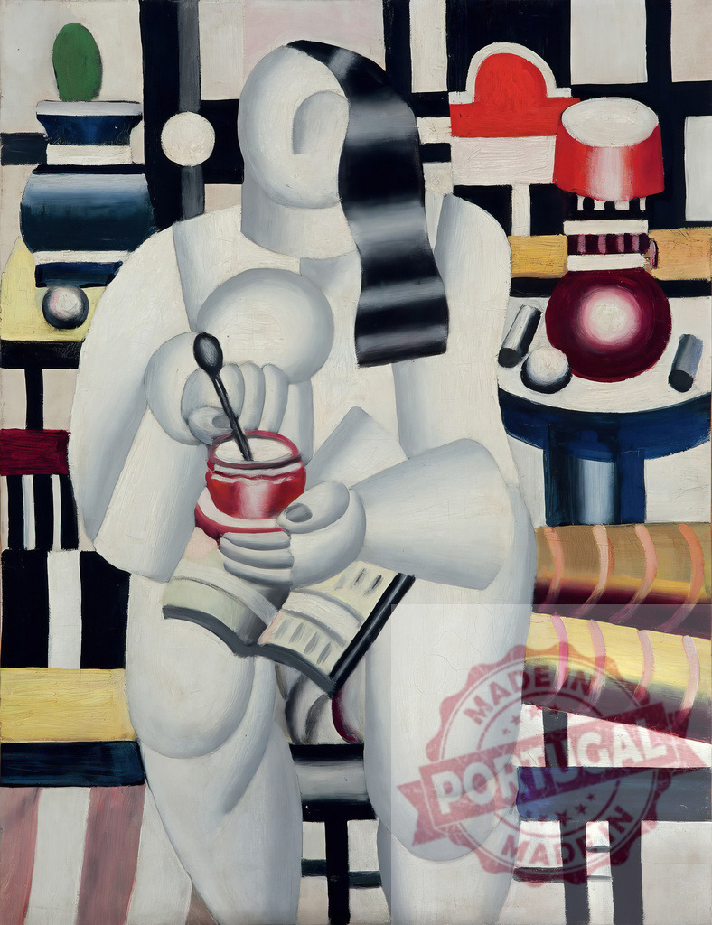 Fernand Léger Woman with a Book cubist purist abstract painting | Fernand Leger Abstract female figure holding a book and a cup in a geometric interior - Realized with Pictrs.com