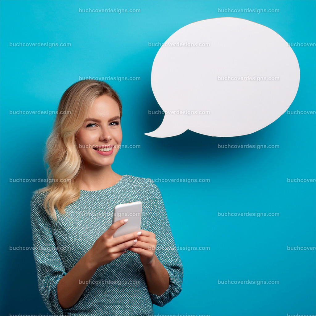 frau mit Mobile Telefon und Sprechblase (1) | Entdecken Sie kreative Buch Cover Designs für Self-Publishing-Autoren und Verlage! Unsere maßgeschneiderten Designs ziehen Leser an und bringen Ihre Geschichten visuell zum Leben. Lassen Sie uns Ihr perfektes Cover gestalten!