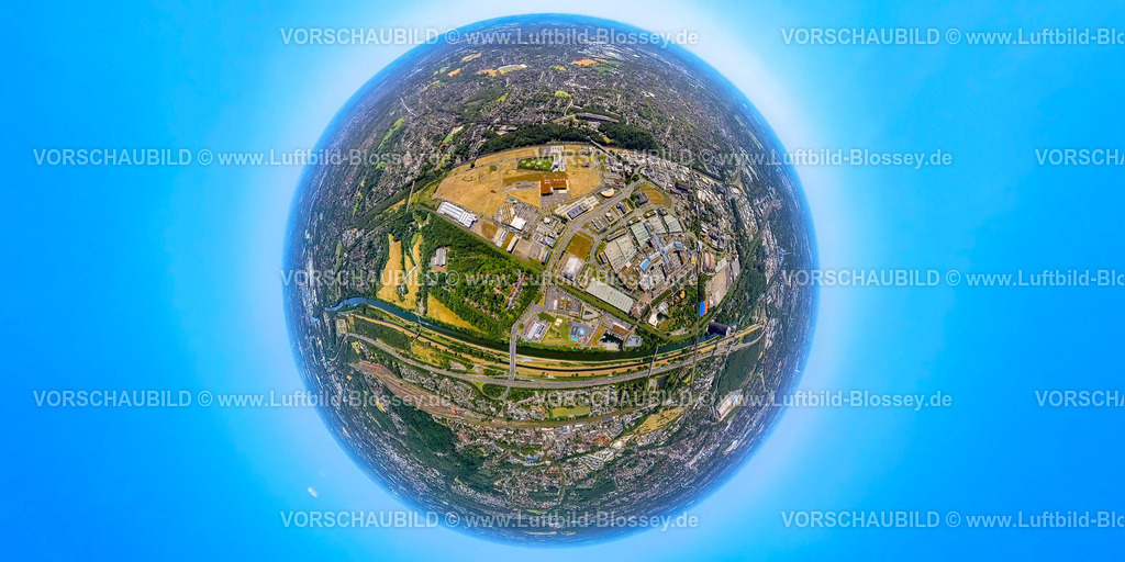 Oberhausen230790128_Neue Mitte | Luftbild, Westfield Centro, Neue Mitte mit Gasometer, Erdkugel, Fisheye Aufnahme, Fischaugen Aufnahme, 360 Grad Aufnahme, tiny world, Borbeck, Oberhausen, Ruhrgebiet, Nordrhein-Westfalen, Deutschland