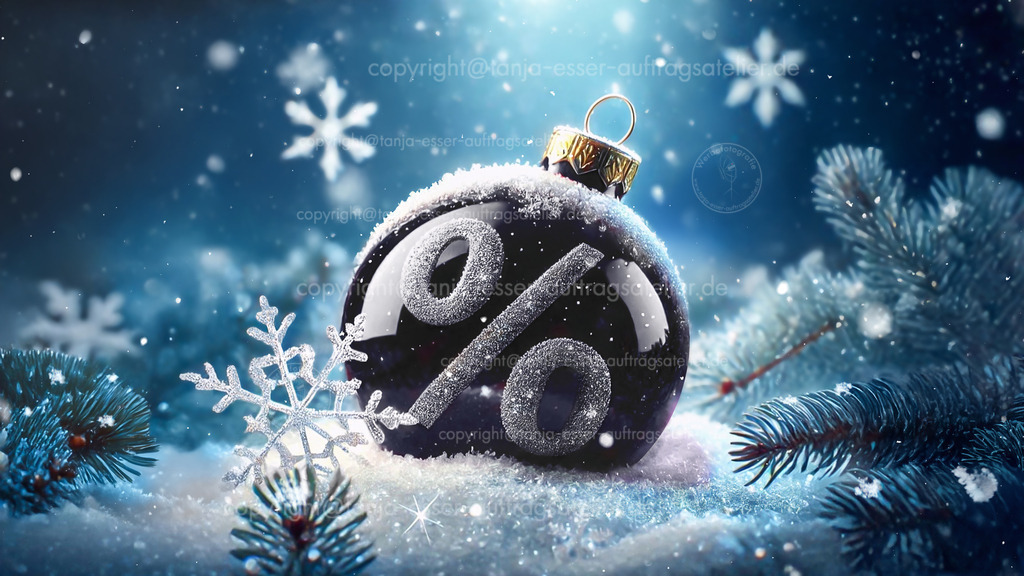 Makro Bild einer Glas Weihnachtskugel in schwarz mit einem Prozent Zeichen aus Glitter. Die Kugel liegt im Schnee. Konzept Bild für weihnachtliche Rabatte.   | Makro Bild einer Glas Weihnachtskugel in schwarz mit einem Prozent Zeichen aus Glitter. Die Kugel liegt im Schnee. Konzept Bild für weihnachtliche Rabatte. Generative KI.