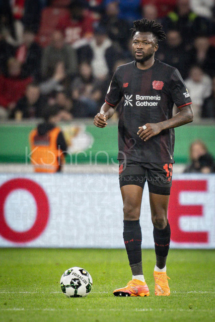 DFB Cup semifinal match Bayer 04 Leverkusen vs. FC Bayern Munich, 22.04.2026 | LEVERKUSEN, GERMANY - APRIL 22, 2026: Edmond Tapsoba (Bayer 04 Leverkusen, 12) during the German DFB Cup semifinal match between Bayer 04 Leverkusen vs. FC Bayern Munich at BayArena on April 22, 2026 in Leverkusen, Germany. DFL REGULATIONS PROHIBIT ANY USE OF PHOTOGRAPHS AS IMAGE SEQUENCES AND/OR QUASI-VIDEO.