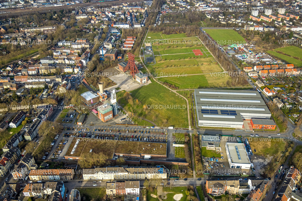 Gelsenkirchen250202906Sued | Luftbild, Consol-Park, Emscher Landschaftspark, Freizeitpark und Gärten mit Förderturm, Bepro Blech und Profilstahl GmbH & Co.KG Stahlhändler, Bismarck, Gelsenkirchen, Ruhrgebiet, Nordrhein-Westfalen, Deutschland
