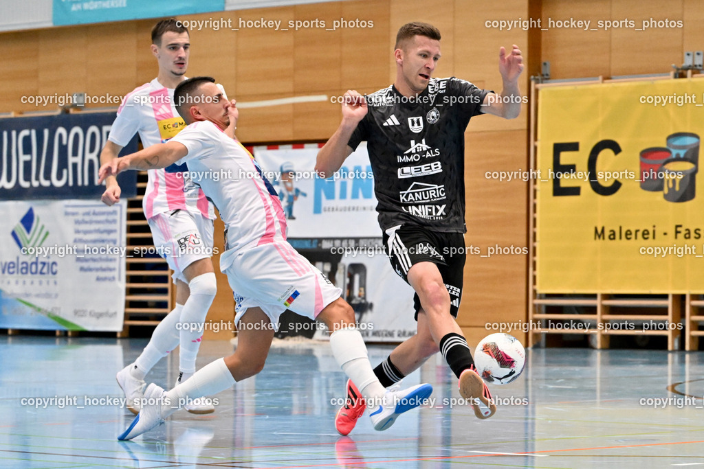 Carinthia Flamengo Futsal Club vs. FC Ljuti Krajisnici | #8 Amir Beganovic Carinthia Flamengo, #11 Kenan Ramic FC Ljuti Krajisnici, #2 Faris Buljubasic Carinthia Flamengo, Carinthia Flamengo Futsal Club vs. FC Ljuti Krajisnici, Carinthia Flamengo Fusal Club vs. FC Ljuti Krajisnici am 12.10.2025 in Klagenfurt (Ballspielhalle Viktring), Austria, (Photo by Bernd Stefan)