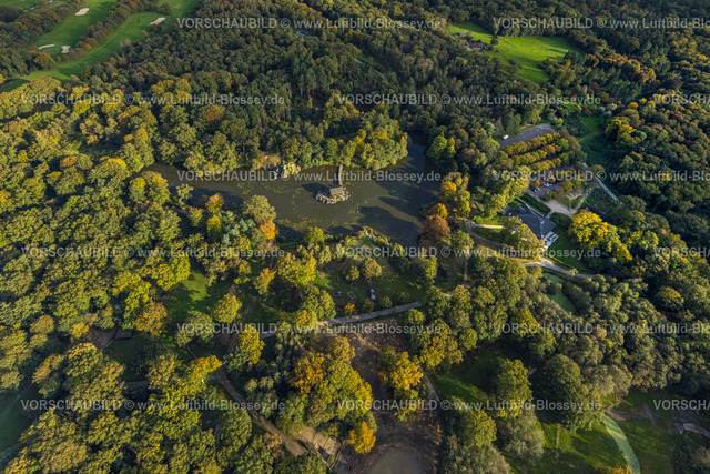 Isselburg241010272 | Luftbild, Schweizer Häuschen im Wasser mit Steg im Biotop Wildpark Anholter Schweiz, umgeben von herbstlichen Bäumen, Vehlingen, Isselburg, Niederrhein, Nordrhein-Westfalen, Deutschland
