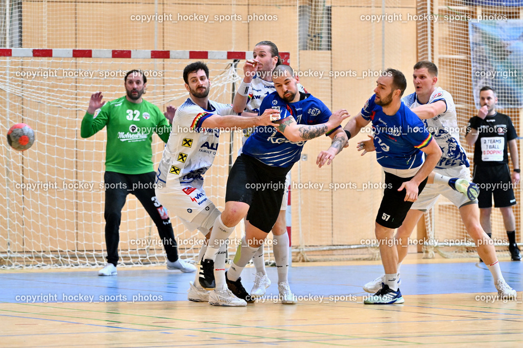 SC Ferlach vs. ALPLA HC Hard | #32 DOKNIC Golub SC Hard, #99 Hild Matthias SC Hard, #19 SCHNABL Nico SC Hard, #81 Milicevic Micha SC Ferlach, #57 LEBAN Patrik SC Ferlach, #3 Antanavicius Karolis SC Hard, SC Ferlach vs. ALPLA HC Hard, SC Ferlach vs. ALPLA HC Hard am 05.04.2025 in Ferlach (Ballspielhalle Ferlach), Austria, (Photo by Bernd Stefan)