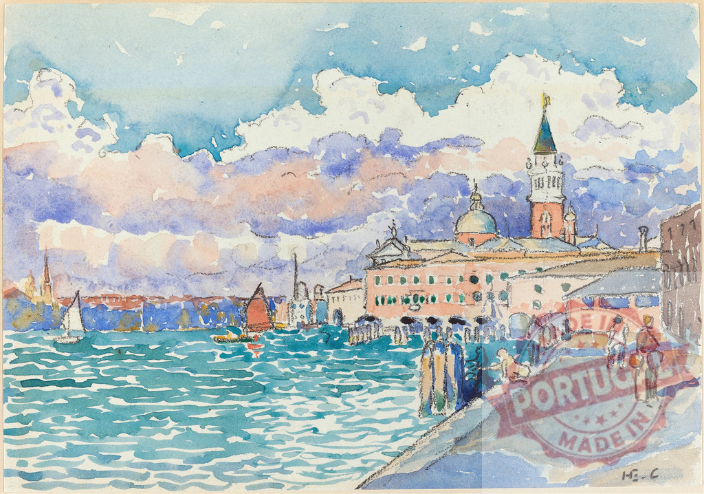 Venice city skyline watercolor painting with boats. Henri Edmund Cross | Venice skyline with sailboats and distant campanile under a dramatic sky - Realisiert mit Pictrs.com