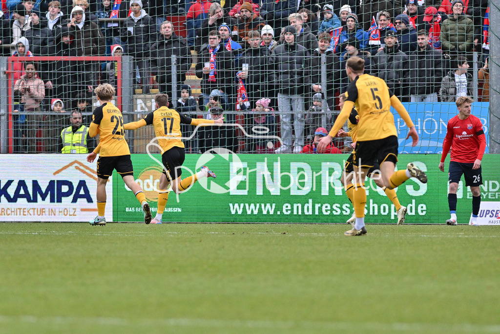 SpVgg Unterhaching - Dynamo Dresden | Jubel der Gaeste nach dem Treffer zum 0-1 durch Aljaz CASAR (Dynamo Dresden 17) / Freude / Happy / Tor / Torschuezte / 3. Liga: SpVgg Unterhaching - Dynamo Dresden, Uhlsportpark am 21.12.2024