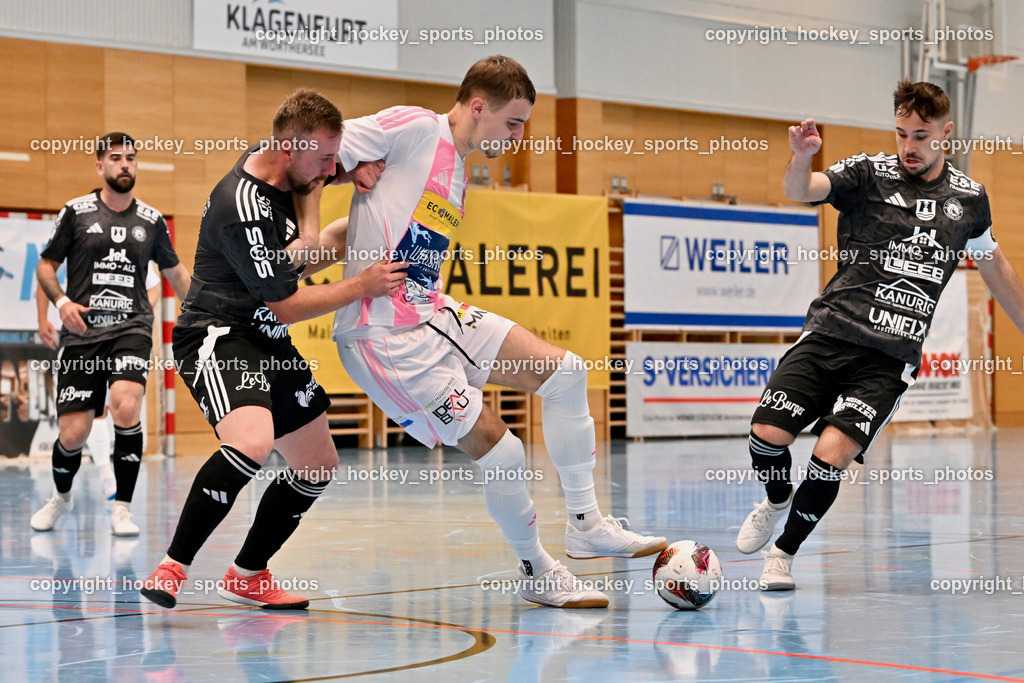 Carinthia Flamengo Futsal Club vs. FC Ljuti Krajisnici | #77 Seid Suljkanovic FC Ljuti Krajisnici, #2 Faris Buljubasic Carinthia Flamengo, #10 Kenan Salo FC Ljuti Krajisnici, Carinthia Flamengo Futsal Club vs. FC Ljuti Krajisnici, Carinthia Flamengo Fusal Club vs. FC Ljuti Krajisnici am 12.10.2025 in Klagenfurt (Ballspielhalle Viktring), Austria, (Photo by Bernd Stefan)