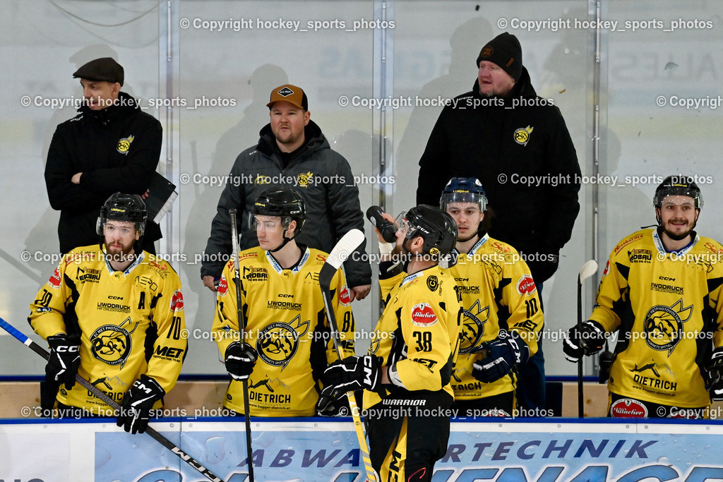 ESC Steindorf vs. EC Hornets Spittal 25.2.2024 | Spielerbank EC Hornets Spittal, Headcoach EC Hornets Spittal ORZETEK Florian, Assistentcoach EC Hornets Spittal Buchbauer Thomas, Assistentcoach EC Hornets Spittal Phillipp Lonin, #70 Kronig Daniel EC Hornets Spittal, #81 Sivec Peter Paul EC Hornets Spittal, #38 Zorec Marco EC Hornets Spittal, #10 Ortner Philipp EC Hornets Spittal, #15 Rossbacher Daniel EC Hornets Spittal, ESC Steindorf vs. EC Hornets Spittal 25.2.2024, ESC Steindorf vs. EC Hornets Spittal 25.2.2024 am 25.02.2024 in Steindorf (Ossiachersee Halle), Austria, (Photo by Bernd Stefan)