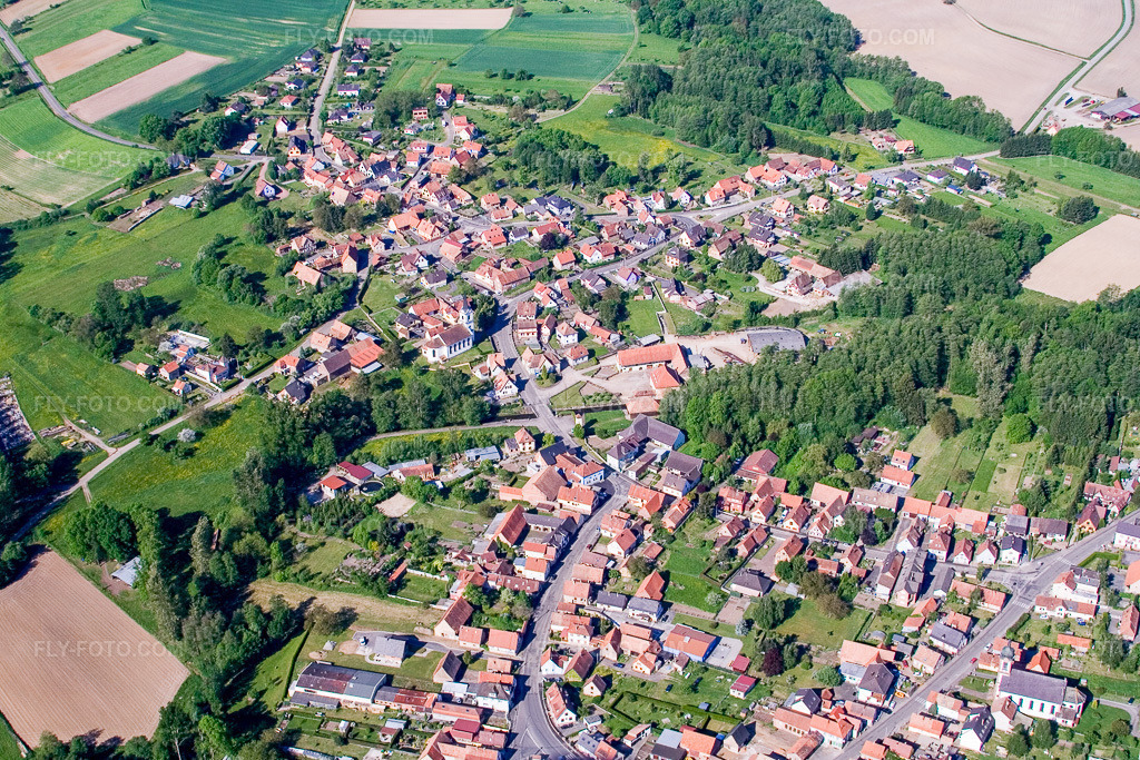 Aerial view: Agricultural fields and arable land in Gumbrechtshoffen in the state Bas-Rhin, France. – Photo: IMG_10848.jpg taken on 05/12/2008 by Werner Riehm/FLY-FOTO.com – Resolution of the original: 3248 x 2165 px