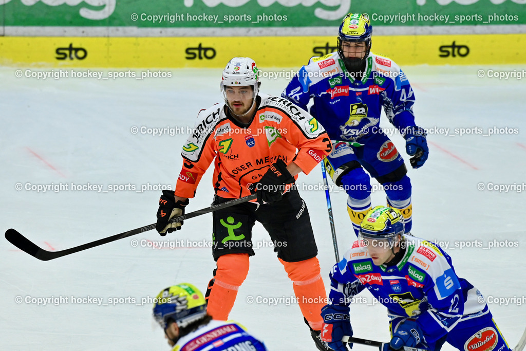 EC IDM WÄRMEPUMPEN VSV vs. MOSER MEDICAL GRAZ99ERS | #3 Frank Hora Graz 99ers, #46 Paul Sintschnig EC VSV, #12 Brett Budgell EC VSV, EC IDM WÄRMEPUMPEN VSV vs. MOSER MEDICAL GRAZ99ERS, EC IDM WÄRMEPUMPEN VSV vs. MOSER MEDICAL GRAZ99ERS am 17.03.2026 in Villach (Stadthalle Villach), Austria, (Photo by Bernd Stefan)